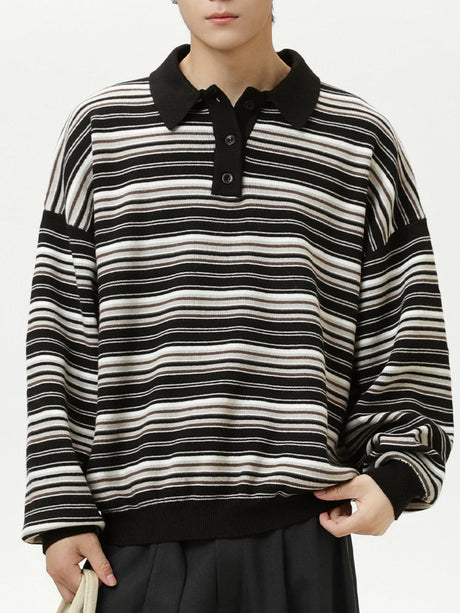 Retro Contrasting colors Stripes Lapel sweater