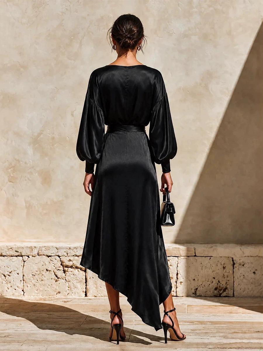 Boat Neck Lantern Sleeves Tie-waist Irregular High Slit Long Dress For Banquets