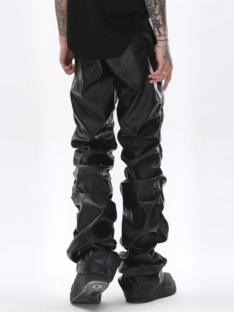 Pantalon en cuir PU plissé brillant style Dark-Punk