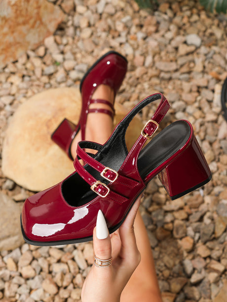 Large Square-toe Chunky Heel Mary Jane Shoes With Metal Buckle