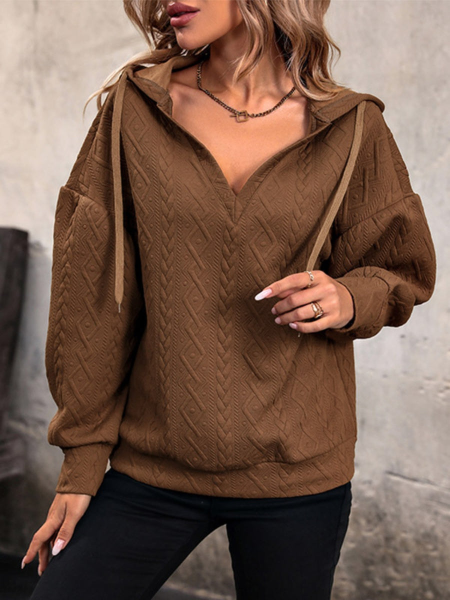 Textured Pullover Fabric Knitting Hooded V-neck Leisure Workplace Sweatshirts&Hoodies