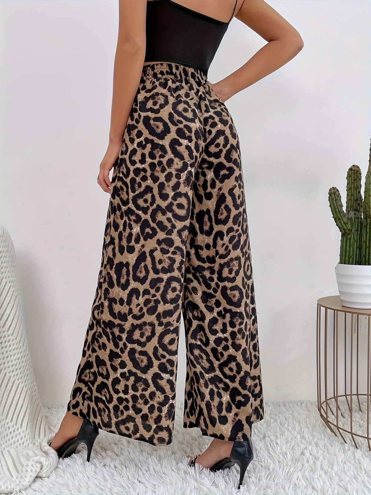 Leopard Print Elastic Waist Draped Loose Casual Wide Trousers
