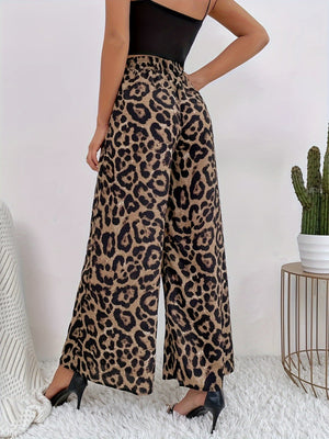 Leopard Print Elastic Waist Draped Loose Casual Wide Trousers