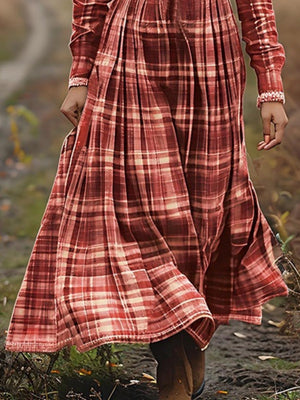 Red Plaid Shirt Waist Western Country Style Casual Midi Dress