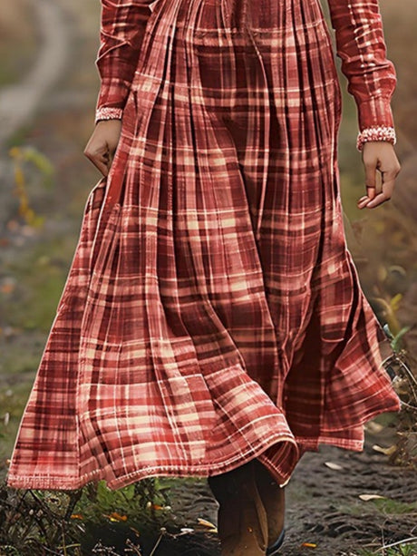Red Plaid Shirt Waist Western Country Style Casual Midi Dress