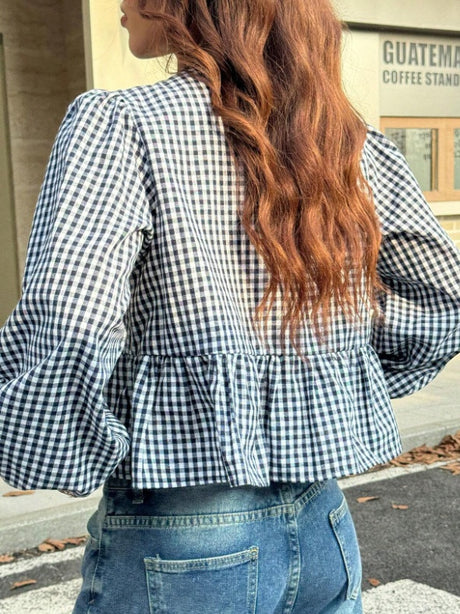 Asian Korean Style Plaid Loose Bow Long-sleeved Shirt