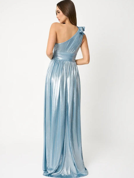 Metallic Sloping Shoulder Maxi Dresses