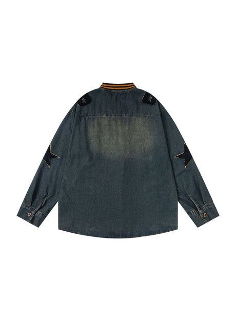 Hip Hop Washing Old Letter Embroidery Stand Collar Long-sleeved Shirt