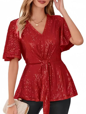 V-neck Pullover Sequins Tie-strap Mesh/see-through Top