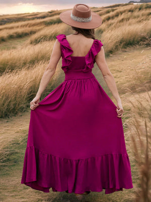 Ruffle Off-shoulder Neckline Waist Shaping Vacation Style Maxi Dresses