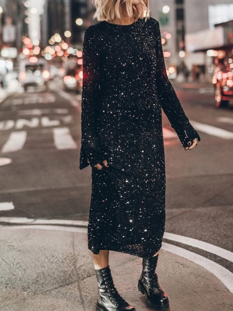 Sequins Long Sleeve Crew Neck Loose Maxi Dresses