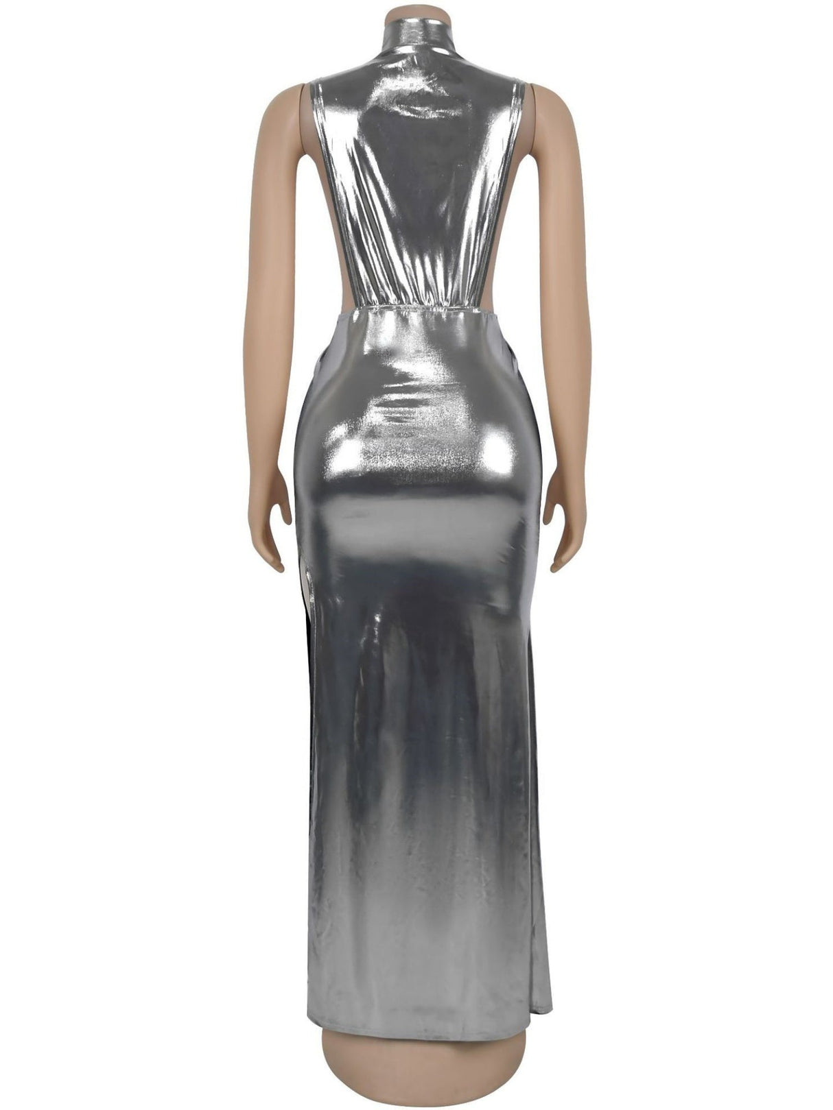 Abendkleid mit metallischem Glanz, hohem Kragen, Armband, ärmellos, mit Schlitz, Maxikleid