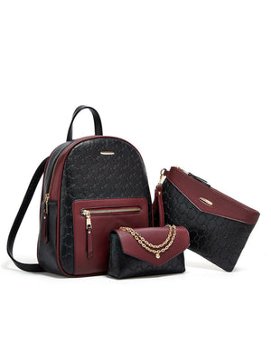 Color-blocked Embossed Backpack 3-piece Set