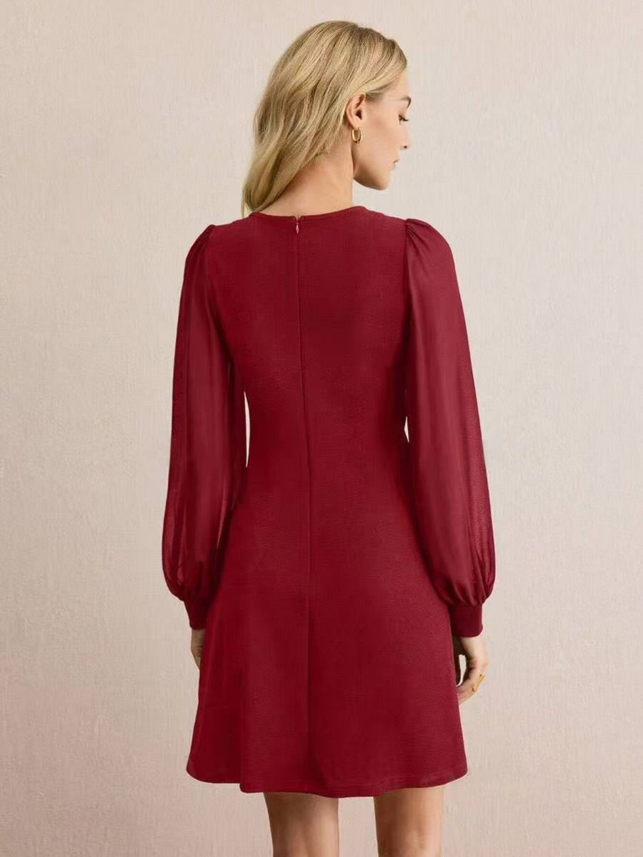 Pullover Crew Neck Splicing Fasteners Slim Fit Slimming Long Sleeve Workplace Casual Short Dress