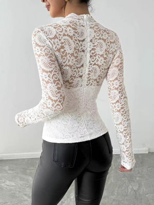 Long-sleeved High-neck Sheer Lace Slim Fit Elegant And Form-fitting Daily Party Outfit: Mesh/sheer Top