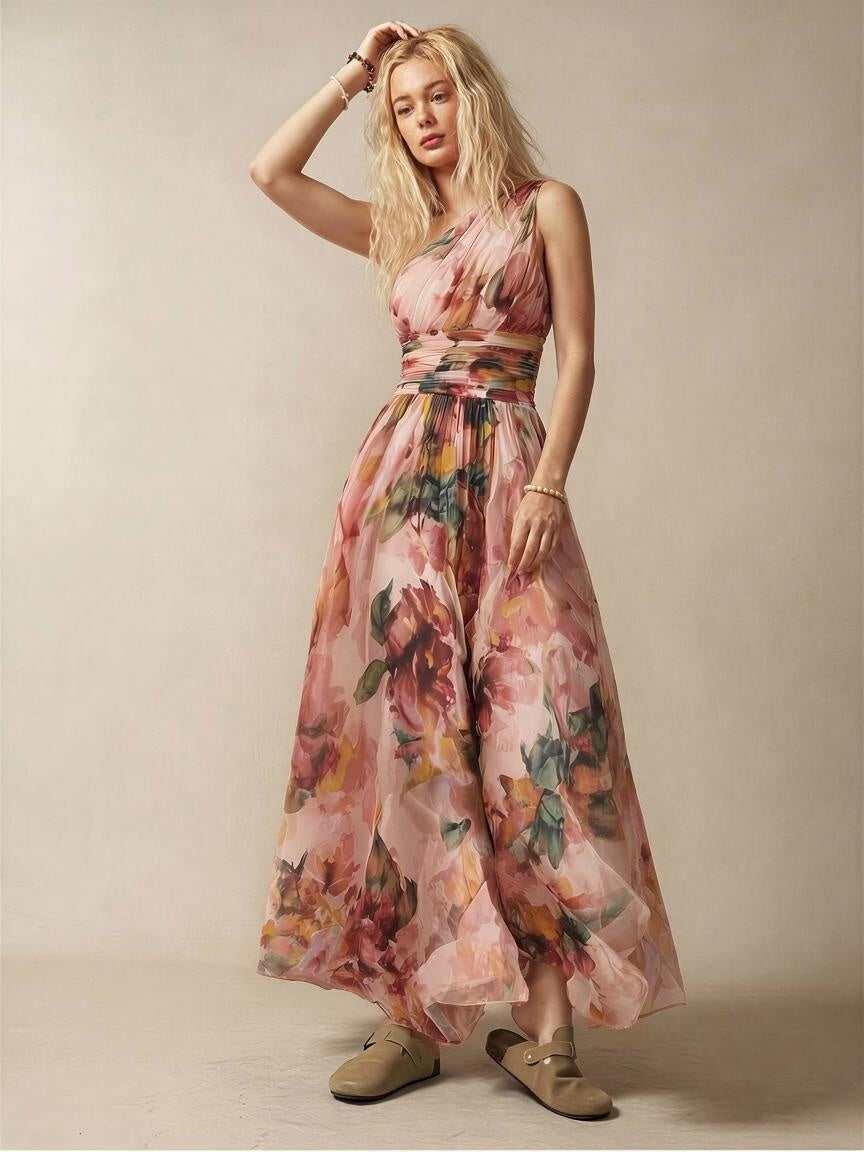 Off-shoulder Sleeveless Floral Print Maxi Dresses