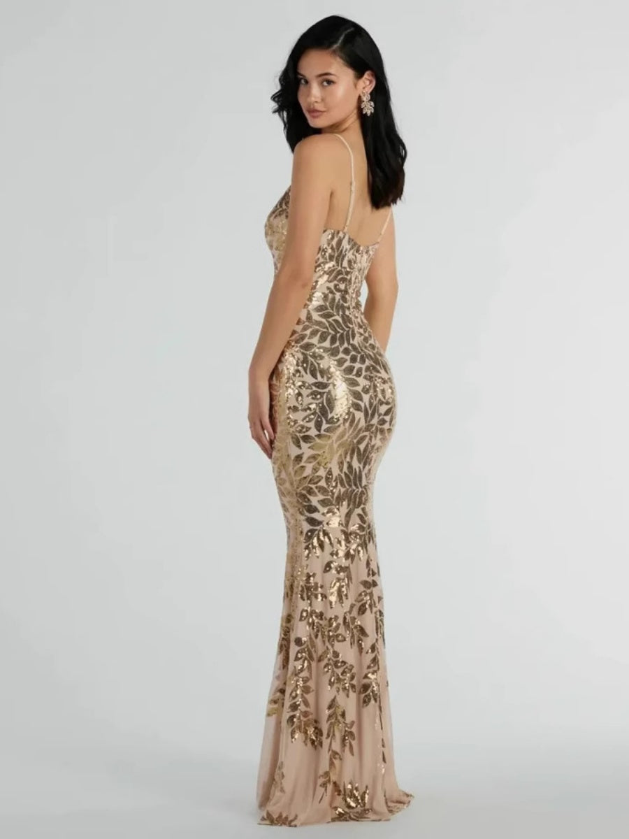 Robes maxi dos nu à paillettes dorées pour les fêtes