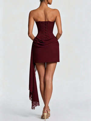 Lace Strapless Neckline, Lace Trim, Long Ribbon Short Dress