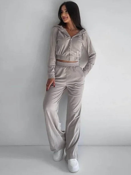 Liber Autumn women's clothing zipper Hooded long-sleeved cardigan two-piece set