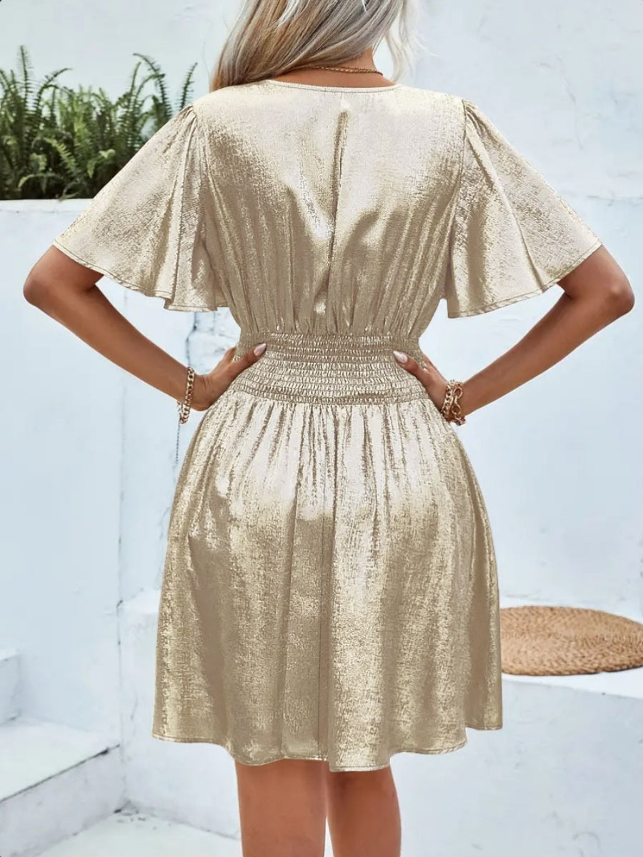 V-neck With Ruffled Sleeves Metallic Color Mini&Short Dresses
