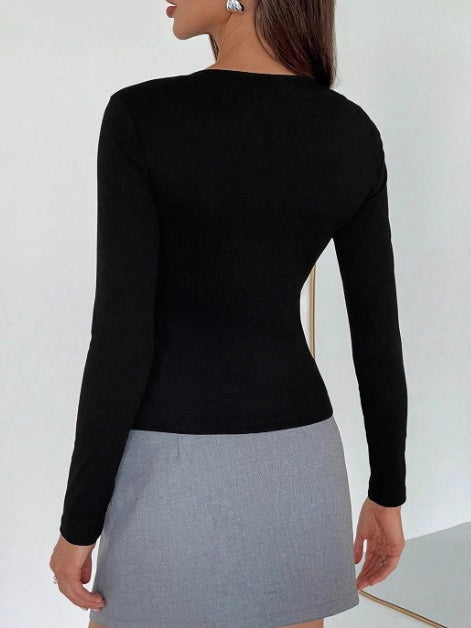Sexy Long-sleeved Round Neck Solid Color Hollow-out T-shirt