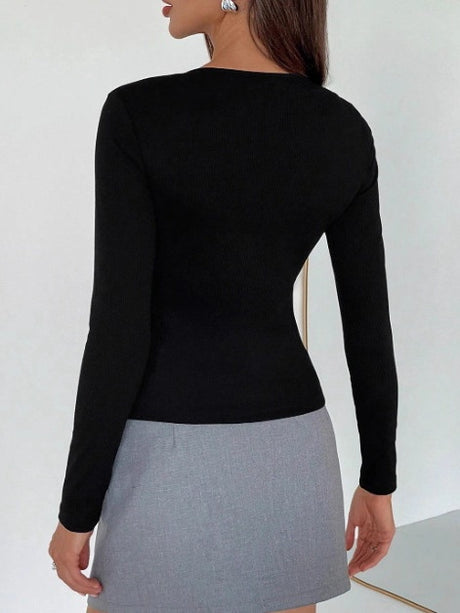 Sexy Long-sleeved Round Neck Solid Color Hollow-out T-shirt