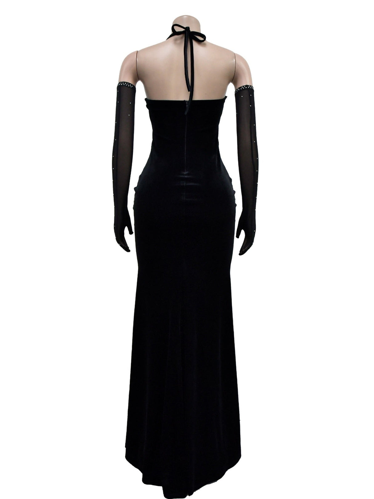 Abendkleid mit Strassbesatz, Patchwork aus Spitze und Samt, durchsichtigem Mesh, Neckholder und Schlitz