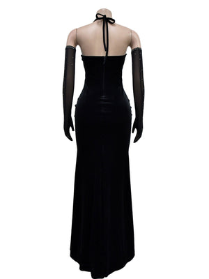 Abendkleid mit Strassbesatz, Patchwork aus Spitze und Samt, durchsichtigem Mesh, Neckholder und Schlitz