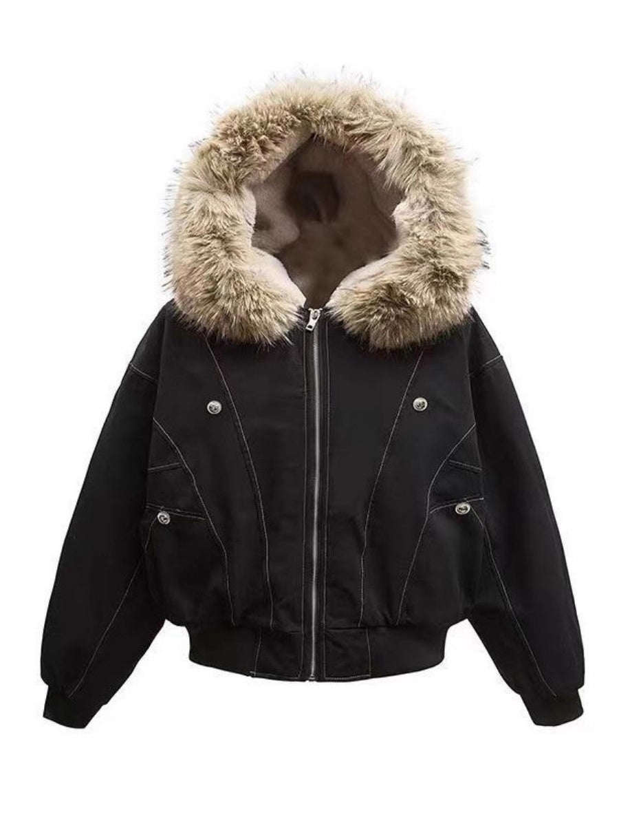 Jackets Fleece Lined With Fur Collar Hooded Short Contrasting Stitching Leisure Cotton Clothes