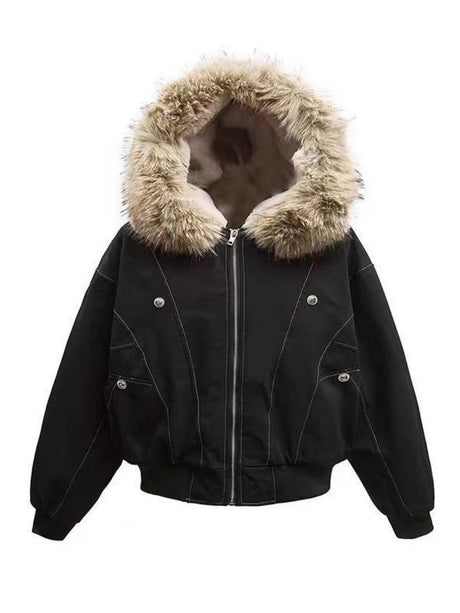 Jackets Fleece Lined With Fur Collar Hooded Short Contrasting Stitching Leisure Cotton Clothes