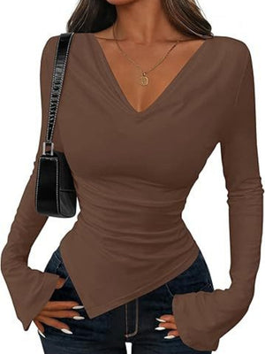 V-neck Asymmetrical Hem Slim Fit Slimming Stack Collar Basic T-shirts