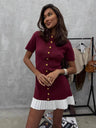 Contrasting Edges Slim-fit Button Short Sleeve Ruffle Mini&Short Dresses