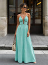 Stripes Backless V-neck Sleeveless Maxi Dresses