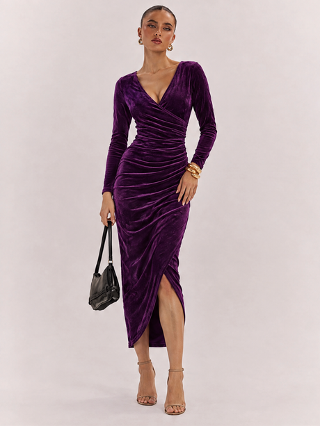 Goose Down V-neck Dress, Slim Fit, Pleated Patchwork, Irregular Skirt, Elegant Long Dress