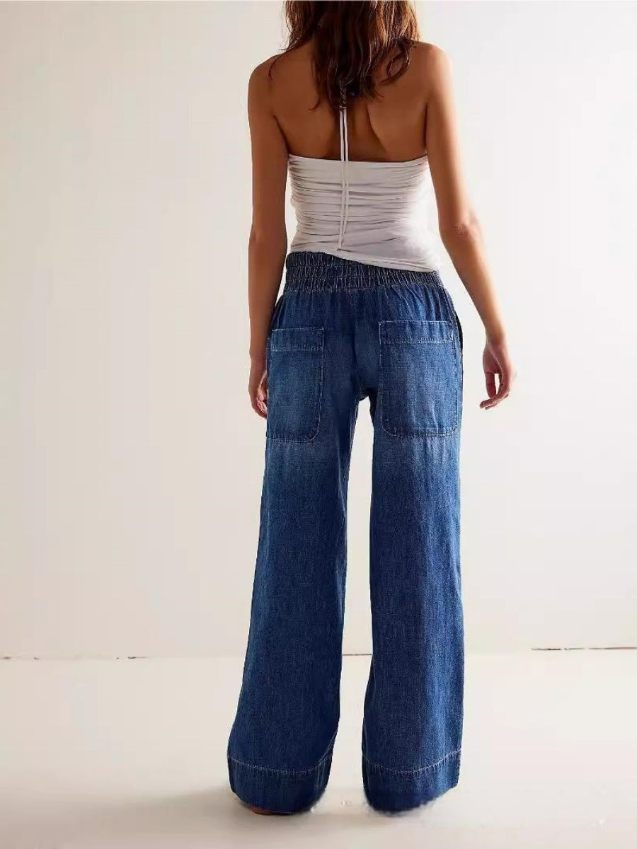 Straight-leg Pants With Contrasting Stitching Big Pocket Elastic Waistband Daily Work Jeans