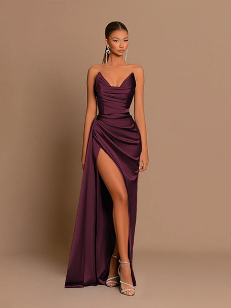 Sexy Strapless Style Deep V-neck Satin Waist Corset Dinner Party Long Dress