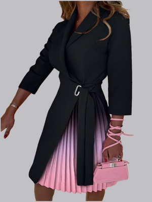 V-neck Tie-waist Cinched Mid-length Sleeves With Pleats Gradient Print Mini&Short Dresses