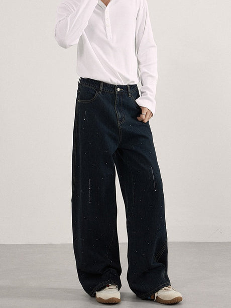 Retro Hot Brick Raindrop Design Blue Gray Loose Straight Leg Jeans