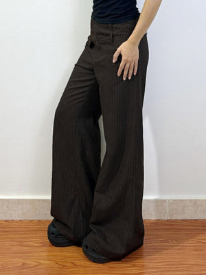 Stripes Contrasting Colors Buttons Straight-leg Pants Pants