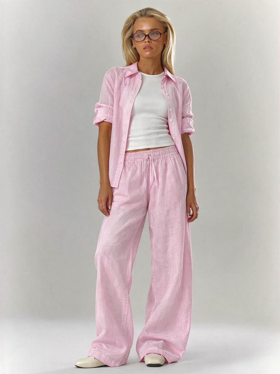 Solid Color Shirt And Trousers Set, Long-sleeved Shirt And Loose Trousers, Two-piece Set