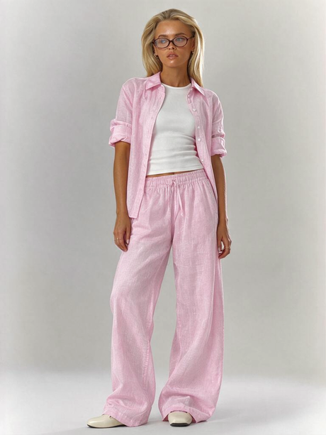 Solid Color Shirt And Trousers Set, Long-sleeved Shirt And Loose Trousers, Two-piece Set