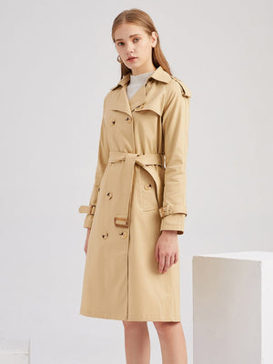 Waist-hugging Cotton Long Sleeve Lapel Three-dimensional Decoration Solid Color Trench Coats