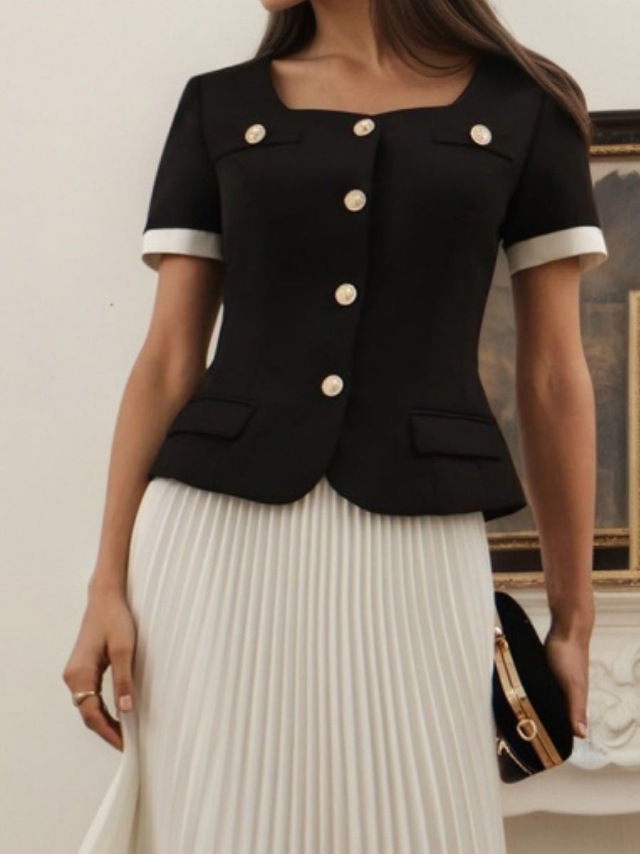 French Color-blocked Top Pleated Skirt Leisure Two-piece Suit