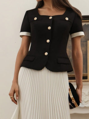 French Color-blocked Top Pleated Skirt Leisure Two-piece Suit