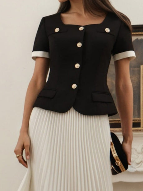 French Color-blocked Top Pleated Skirt Leisure Two-piece Suit