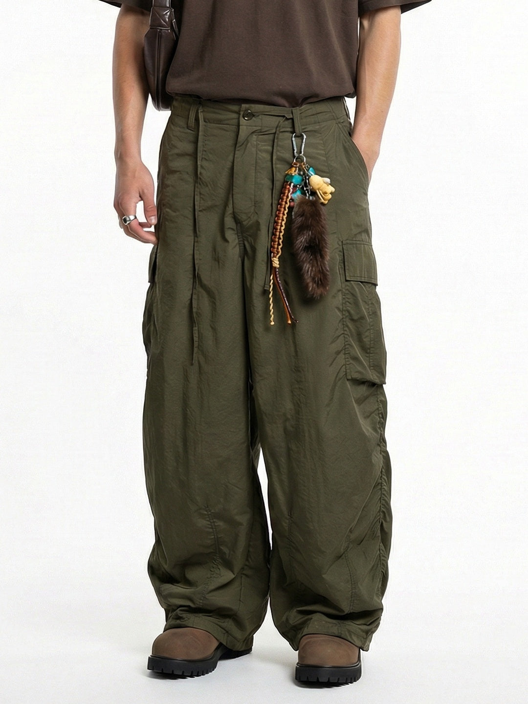 Fine Check Loose-fit Tooling Wide-leg Cargo Trousers