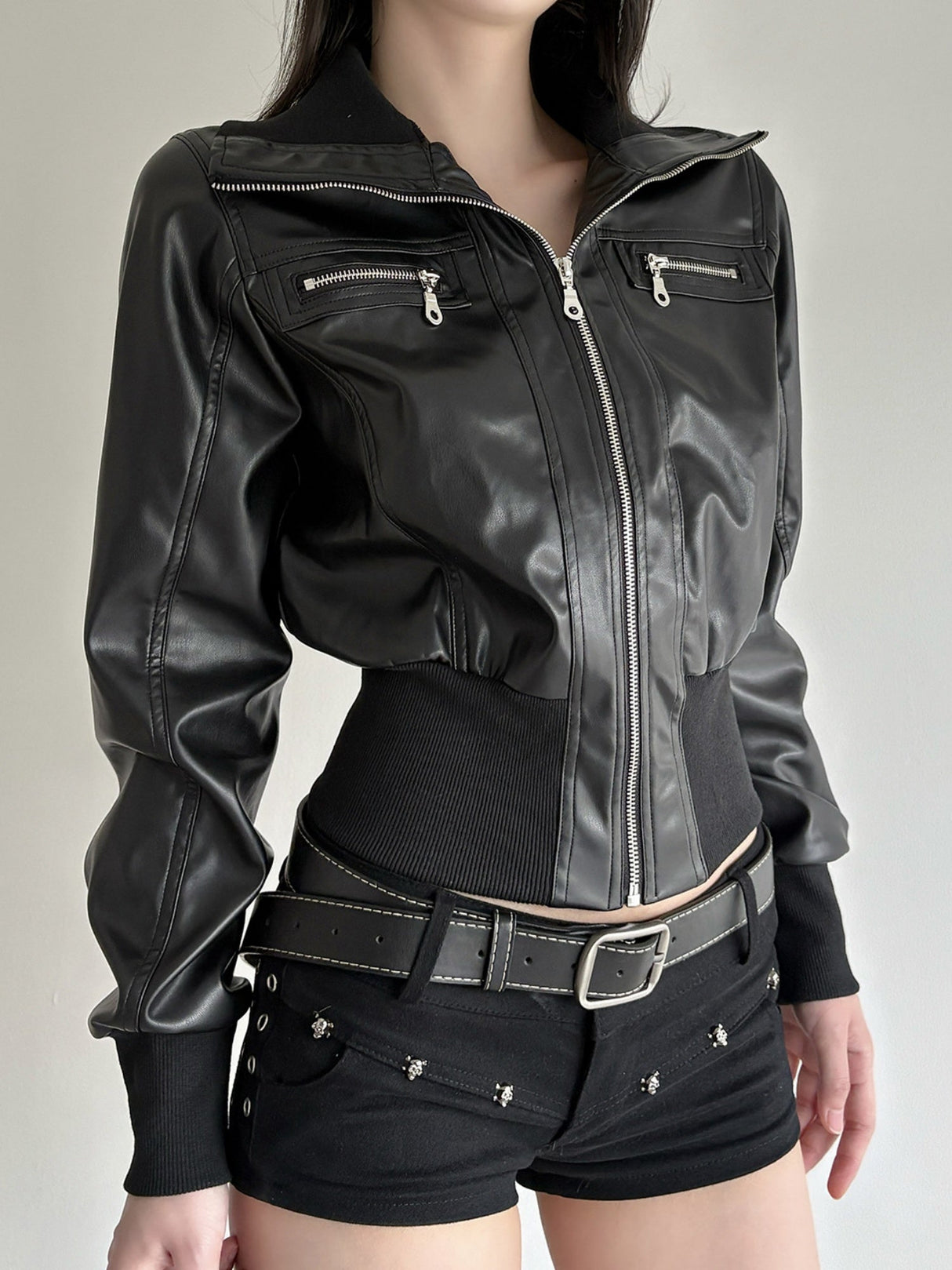 PU Leather Lapel Pocket Patchwork Slim Fit Jackets