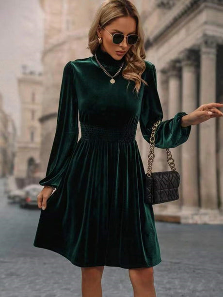 High Collar Gold Velvet Puff Sleeve Hit Long-sleeved Short Dress