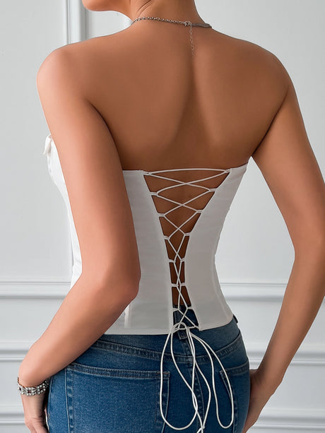 Ties Fish Bones Lace Up Steel Ring Tank Tops
