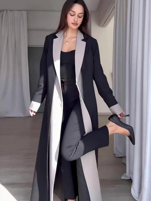 Black Long Suit Collar Splicing Contrasting Colors Commuting Trench Coats